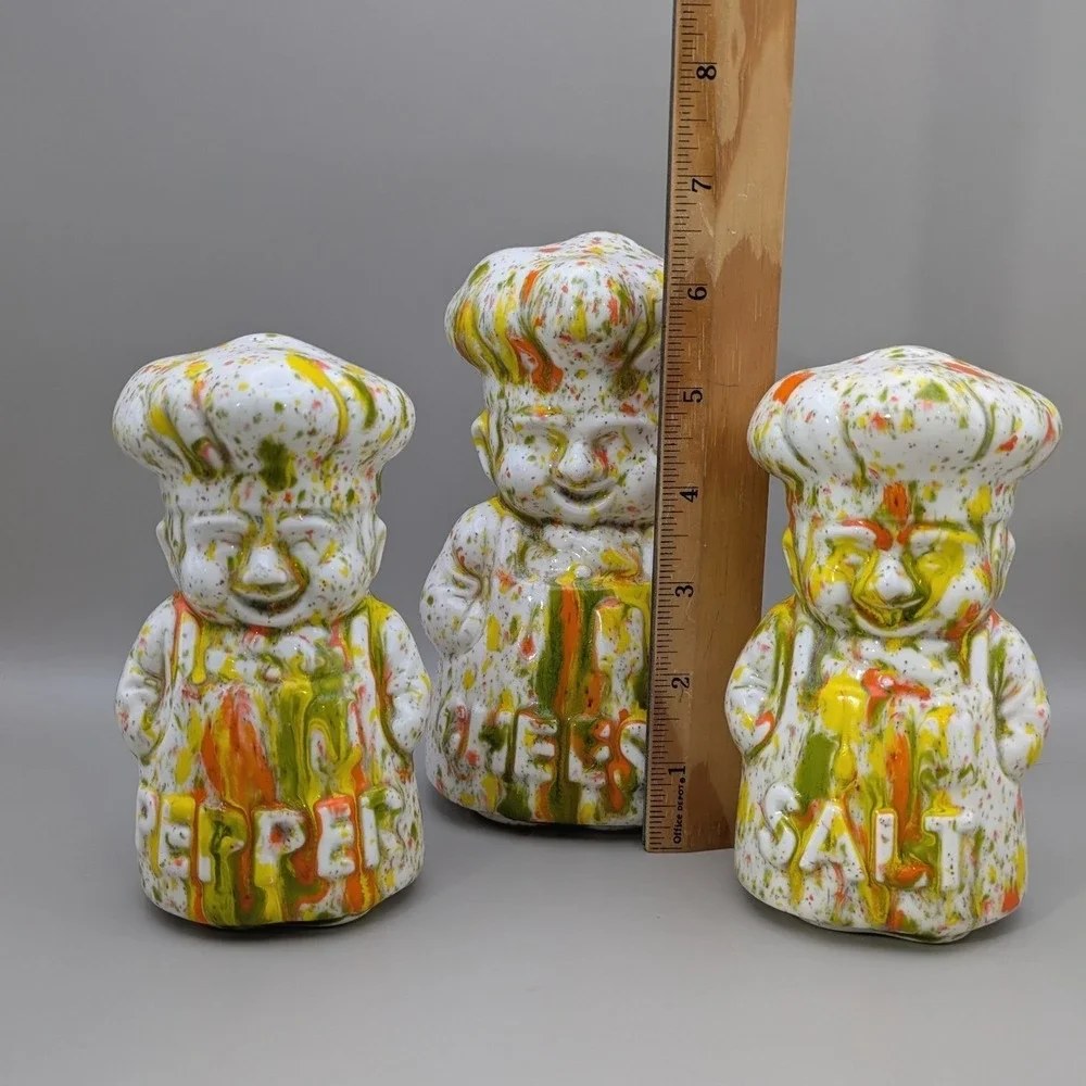 Vintage Chef Salt Pepper Cheese Shaker Set Splatter‎ Drip Glaze Multicolor 3pc